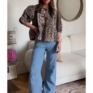 Tie Front Women Y2k Leopard Print Babydoll Puff Sleeve Cute Going Out Top Sz L